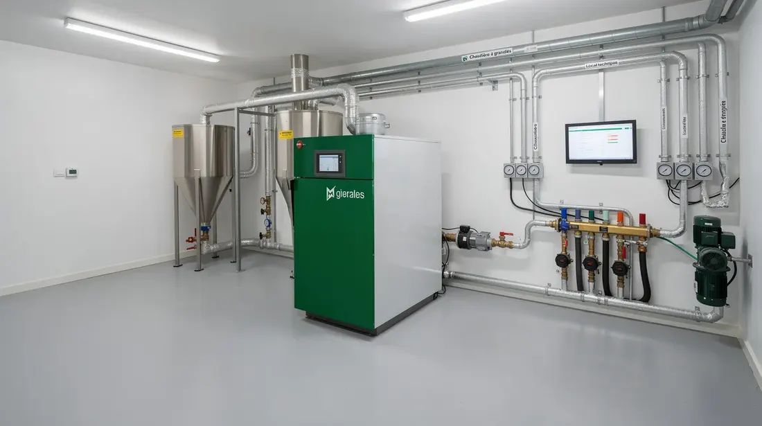 L'image montre une chaufferie moderne avec une chaudière à granulés installée dans un local technique bien organisé. On peut y voir des granulés de bois en stockage, ainsi que des éléments du système de chauffage, soulignant l'utilisation d'énergie renouvelable pour un confort optimal.