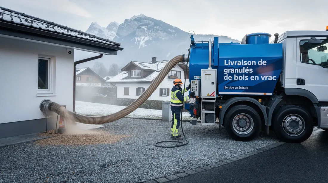 Un camion-souffleur livre des granulés de bois en vrac devant une maison en Suisse, illustrant une solution d'énergie renouvelable pour le chauffage. Ce système de chauffage, souvent associé à une chaudière à granulés, permet une utilisation efficace des ressources boisées pour le confort domestique.