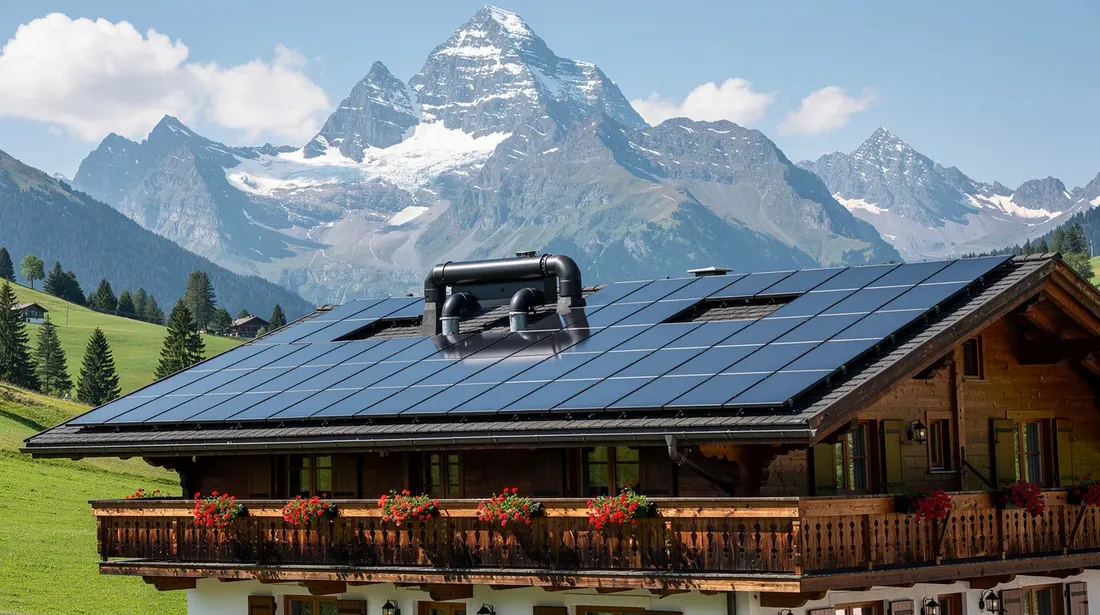 L'image montre des panneaux solaires thermiques installés sur le toit d'un chalet suisse, avec un paysage montagneux en arrière-plan. Cette installation représente une solution d'énergie renouvelable, contribuant à un système de chauffage efficace et respectueux de l'environnement.