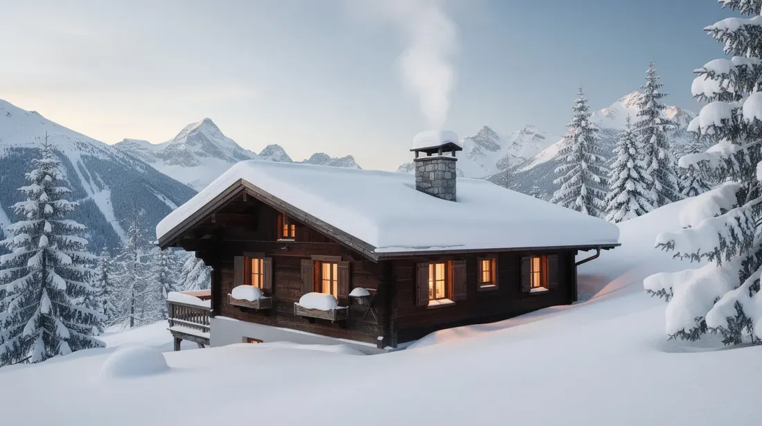 Une maison suisse en hiver est entourée d'un paysage enneigé, avec une légère fumée s'échappant de la cheminée, suggérant un système de chauffage efficace, comme une chaudière à granulés. Ce cadre pittoresque évoque le confort et la chaleur d'une habitation en période froide.