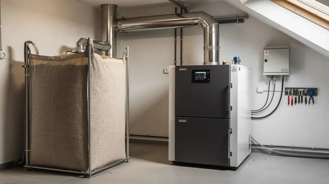 Une cave bien organisée présente une chaudière à granulés moderne en fonctionnement, avec un silo de stockage de pellets et des commandes numériques. L'éclairage naturel met en valeur cet équipement de chauffage central, soulignant son atmosphère propre et professionnelle.
