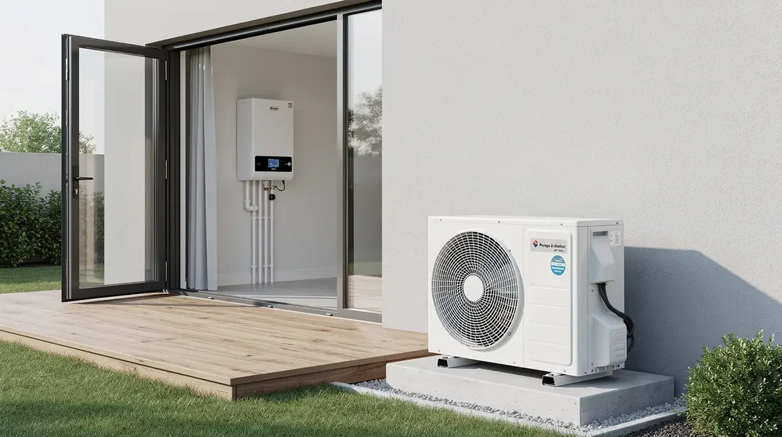 Une pompe à chaleur air-eau est installée à l'extérieur d'une maison moderne, avec son unité extérieure comprenant un compresseur et un ventilateur, posée sur un socle propre dans un jardin lumineux. En arrière-plan, un aperçu du module hydraulique compact est visible à travers une porte ouverte, illustrant ainsi le système de chauffage efficace de l'habitation.