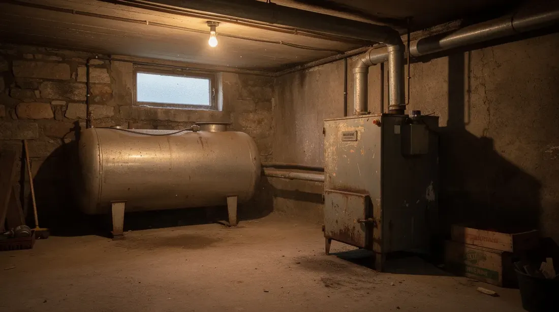 L'image montre une cave de maison avec une ancienne chaudière à mazout et une citerne de fioul, symbolisant un système de chauffage traditionnel. Ce décor évoque les choix énergétiques passés et souligne l'importance de la transition vers des solutions plus durables.