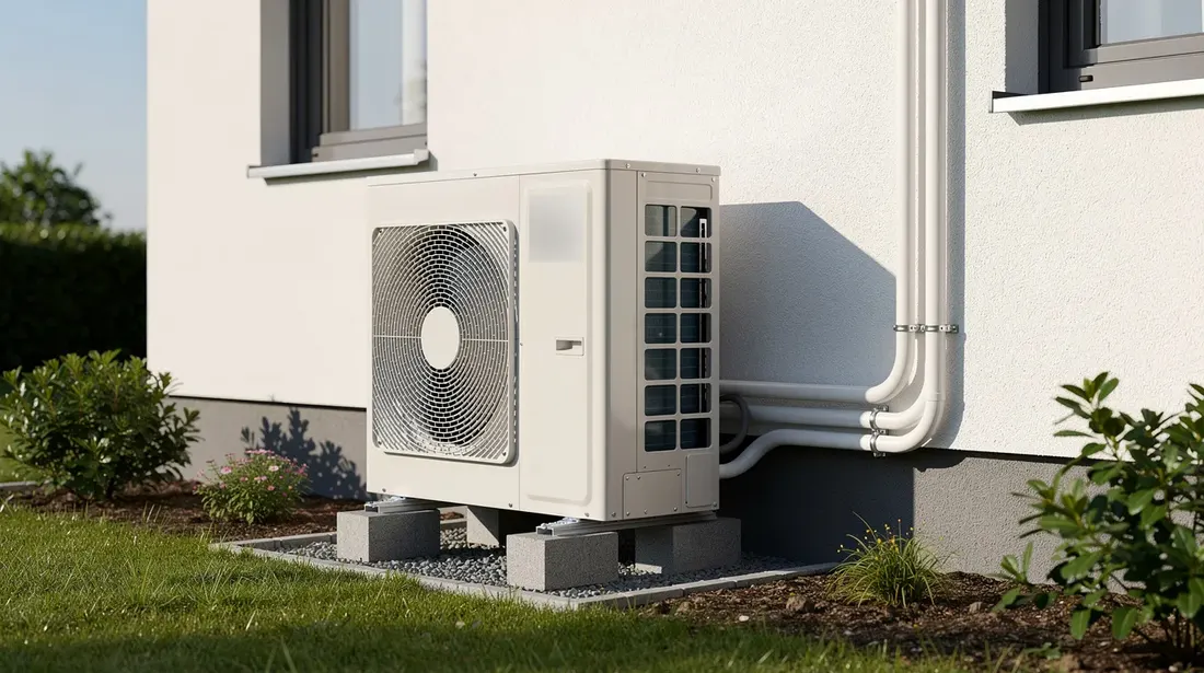 L'image montre une unité extérieure d'une pompe à chaleur air-eau installée à côté d'une maison individuelle, illustrant une solution de chauffage efficace et respectueuse de l'environnement. Ce système, qui utilise l'énergie renouvelable, est une alternative intéressante aux chaudières à mazout, réduisant ainsi les émissions de CO2.