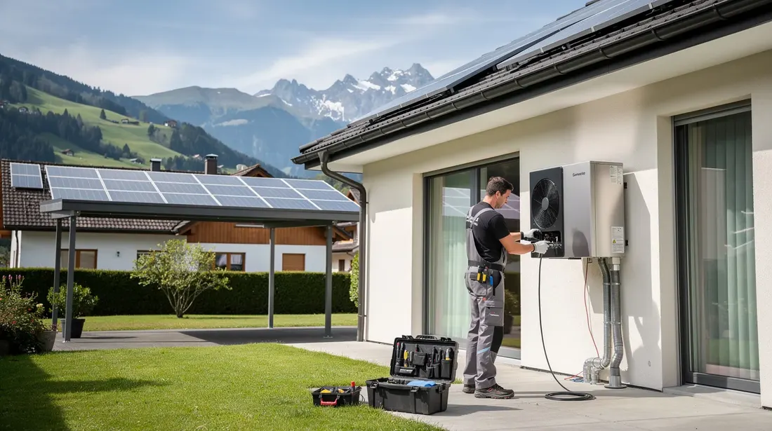 Un chauffagiste professionnel en tenue de travail installe une pompe à chaleur moderne dans une maison suisse, entourée de paysages alpins. L'image met en avant la transition énergétique avec des panneaux solaires à proximité et un ciel dégagé, illustrant l'engagement vers des systèmes de chauffage durables et efficaces.