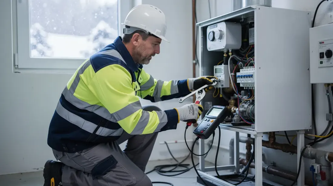 Un chauffagiste en intervention d’urgence sur une chaudière, entouré de neige à l’extérieur, se concentre sur la réparation dans une pièce technique lumineuse. Équipé d'outils professionnels et portant un casque ainsi qu'une veste réfléchissante, il illustre le professionnalisme et la rapidité d'un service de dépannage en hiver.