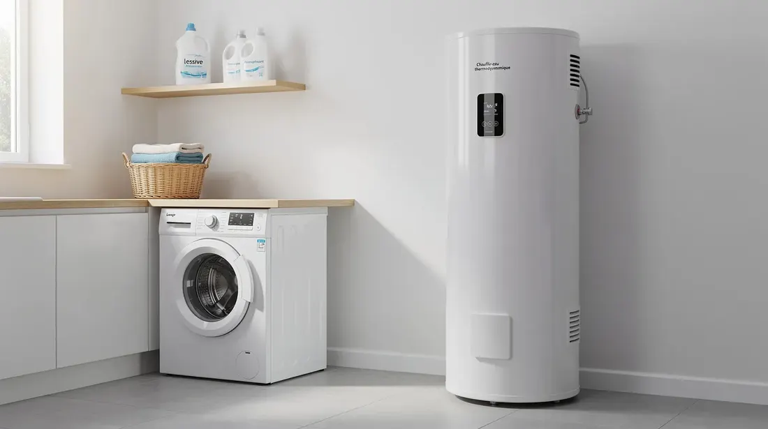 L'image montre un local technique résidentiel, où un chauffe-eau thermodynamique monobloc blanc est installé contre un mur dans une buanderie propre et bien éclairée. Ce système innovant permet la production d'eau chaude sanitaire grâce à l'utilisation de l'énergie renouvelable et de la chaleur de l'air.