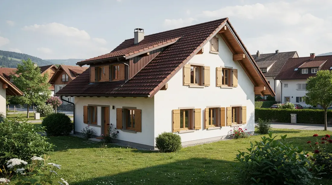 Cette image montre une maison individuelle suisse typique avec un toit en pente, entourée de verdure dans un village romand. On peut distinguer un environnement paisible et naturel, idéal pour l'installation d'un système de chauffe-eau thermodynamique, garantissant ainsi une production d'eau chaude sanitaire efficace et respectueuse de l'énergie renouvelable.