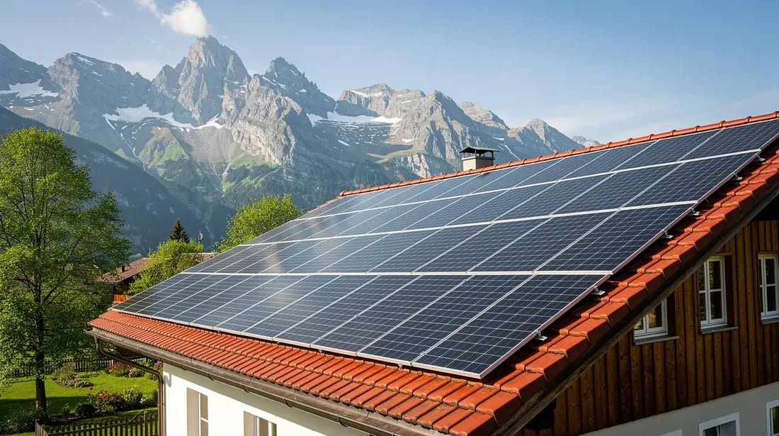 L'image montre des panneaux solaires photovoltaïques installés sur le toit en tuiles d'une maison suisse, avec de majestueuses montagnes en arrière-plan. Cette installation fait partie d'une solution d'énergie renouvelable, contribuant à la production d'eau chaude sanitaire et à la réduction des factures d'énergie.