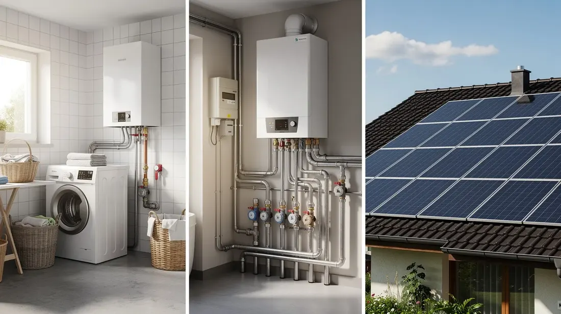 L'image montre un boiler électrique installé dans une buanderie, à côté d'un chauffe-eau thermodynamique avec sa pompe à chaleur intégrée dans un local technique. En arrière-plan, on aperçoit une toiture de maison suisse équipée de panneaux solaires thermiques, le tout sous un ciel ensoleillé, créant une ambiance domestique lumineuse.