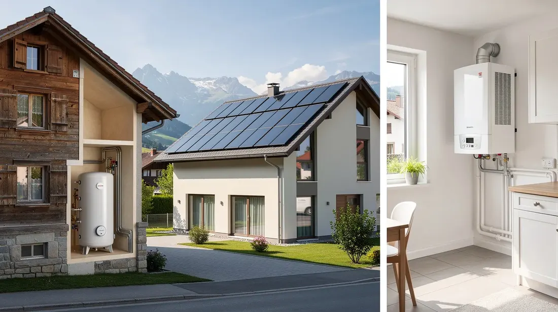 Cette image réaliste montre trois types de logements suisses : à gauche, une maison ancienne avec un chauffe-eau thermodynamique visible à l'intérieur ; au centre, une maison neuve dotée de panneaux solaires thermiques sur le toit ; et à droite, un petit appartement présentant un chauffe-eau thermodynamique compact. Les scènes sont baignées de lumière naturelle, mettant en valeur le décor typique suisse.