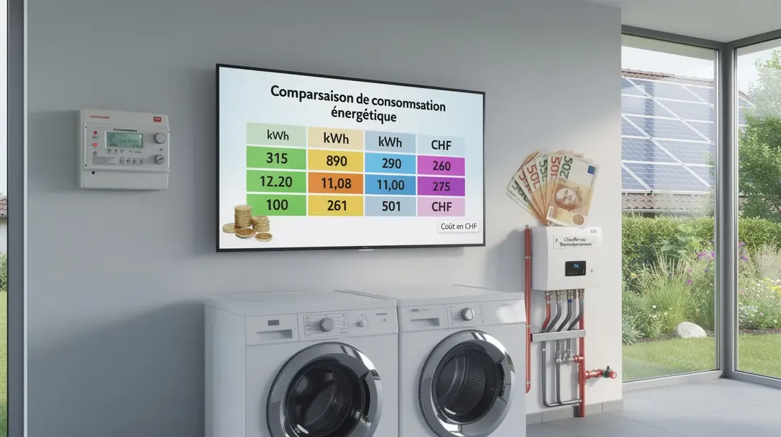 L'image présente un tableau de comparaison sur un écran, entouré d'un compteur électrique et d'éléments symbolisant la consommation d'énergie en Suisse, tandis qu'en arrière-plan, des panneaux solaires et de la verdure évoquent l'écologie. On peut également apercevoir l'intérieur d'une buanderie, suggérant l'installation d'un chauffe-eau thermodynamique pour la production d'eau chaude.