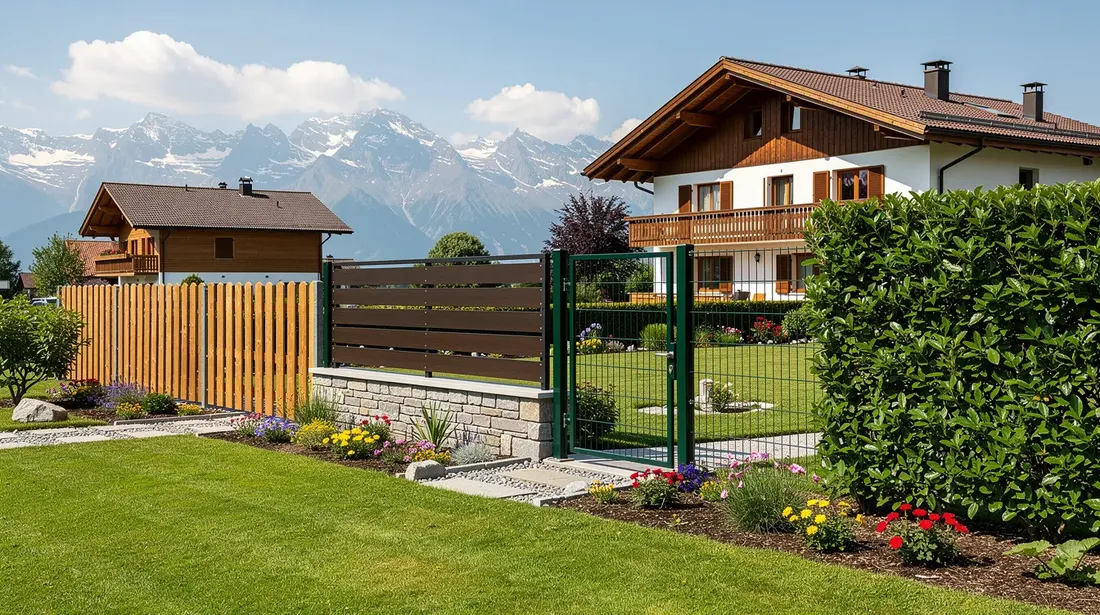 Une vue d'un jardin résidentiel suisse, où différents types de clôtures, telles que des palissades en bois et des barrières en métal, sont installées le long de la propriété, avec des montagnes majestueuses en arrière-plan. Ces clôtures offrent à la fois protection et intimité, tout en ajoutant une touche esthétique à l'espace extérieur.