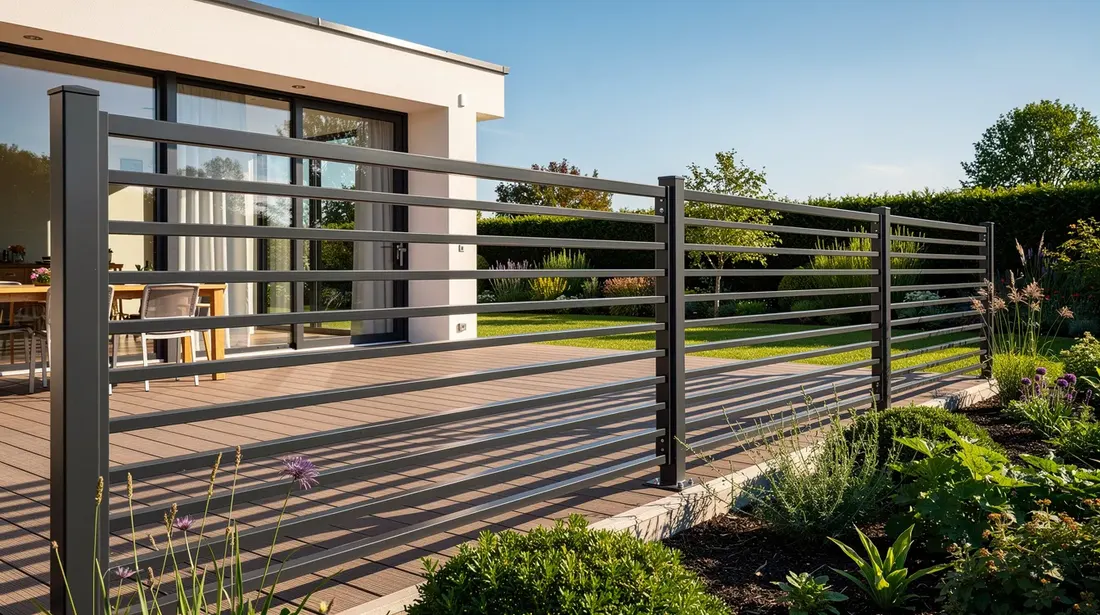 Une clôture moderne en lames d'aluminium horizontales délimite une terrasse de jardin ensoleillée, offrant à la fois protection et intimité. Ce design élégant s'intègre harmonieusement dans l'espace extérieur, tout en ajoutant une touche esthétique à la maison.