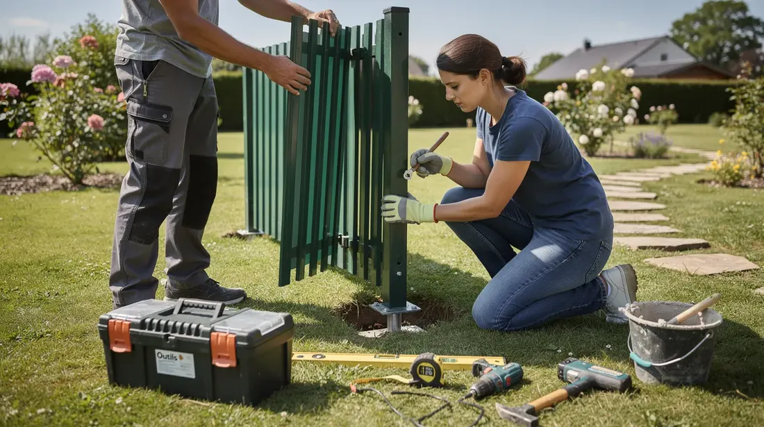 Deux personnes sont en train d'installer des panneaux de clôture rigides dans un jardin, entourées d'outils de construction disposés sur le sol. Cette installation vise à créer une délimitation esthétique et sécurisée pour l'espace extérieur de la maison.