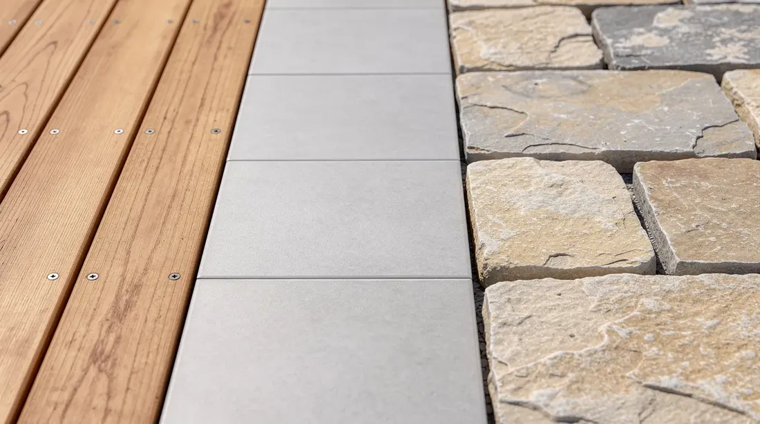 Gros plan sur une sélection de matériaux de terrasse, comprenant des lames de bois, des dalles en céramique et des pavés en pierre naturelle, posés côte à côte. Cette image illustre les différents choix de revêtement de sol pour la construction d'une terrasse, offrant un aperçu des textures et des styles disponibles.