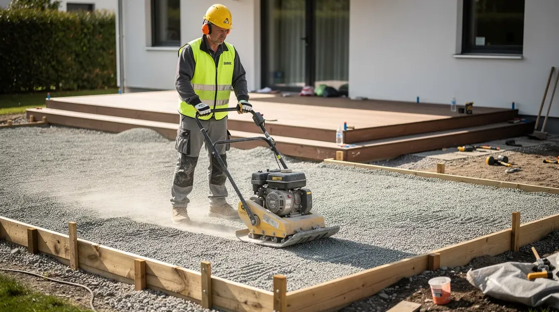 Un ouvrier utilise une plaque vibrante pour compacter une couche de gravier sur un chantier de terrasse en cours de construction. Ce processus est essentiel pour préparer le sol avant la pose du revêtement de sol, garantissant ainsi la sécurité et la durabilité de la terrasse.