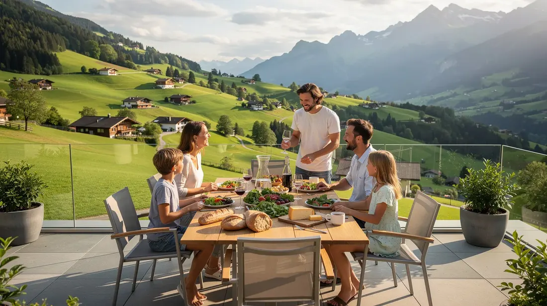 Une famille se rassemble autour d'une table sur une terrasse moderne, profitant d'un repas en plein air avec une vue imprenable sur un paysage suisse verdoyant. La terrasse, construite en bois avec des lames élégantes, crée un espace convivial et confortable pour partager des moments de vie en famille.