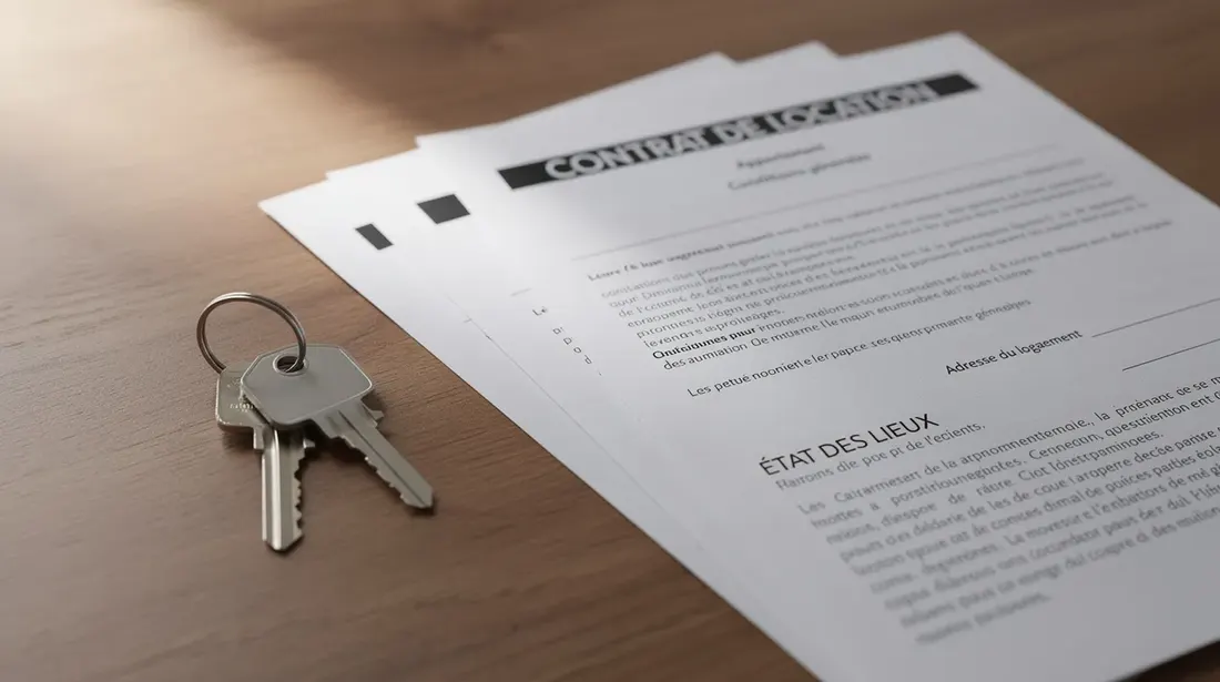 Des clés d'appartement reposent sur une table en bois, accompagnées de documents administratifs relatifs au bail. Ces documents pourraient inclure des informations sur le loyer, les obligations du locataire et les conditions de location.