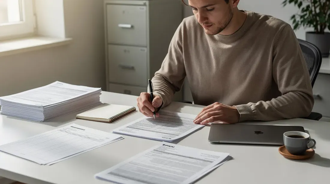 Une personne est assise à un bureau, examinant des documents administratifs relatifs à un contrat de bail, avec un stylo à la main pour prendre des notes. L'image évoque des questions sur la location et les obligations des locataires et bailleurs.