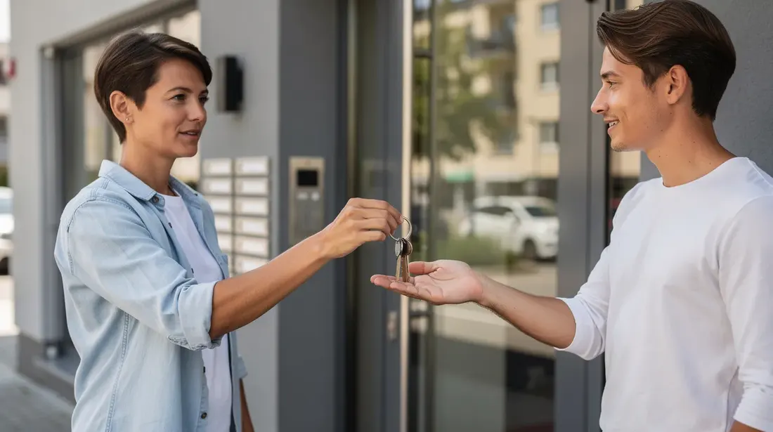 Une personne remet des clés à une autre devant la porte d'entrée d'un immeuble résidentiel, symbolisant la conclusion d'un contrat de bail. Cette scène illustre le début d'une nouvelle location, avec des locataires prêts à emménager dans leur appartement.