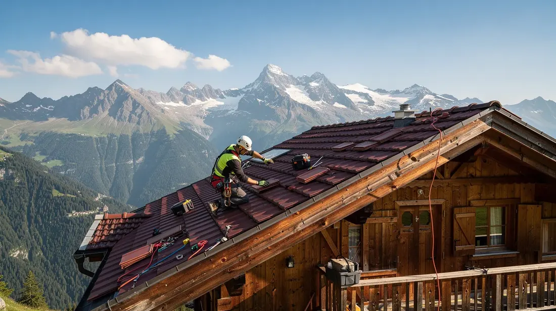 Un couvreur professionnel est en train de travailler sur le toit en pente d'un chalet suisse, avec des montagnes majestueuses en arrière-plan. Il effectue des interventions pour assurer l'étanchéité et la solidité de la toiture, utilisant des matériaux comme des tuiles et de l'ardoise.