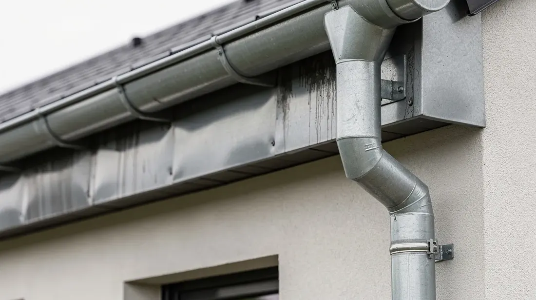 Gros plan sur des chéneaux en zinc et des descentes d'eau pluviale installés sur la façade d'un immeuble résidentiel, soulignant l'importance de l'étanchéité et de l'entretien pour prévenir les infiltrations d'eau. Ces éléments sont essentiels dans le domaine de la couverture et des travaux de rénovation des bâtiments.