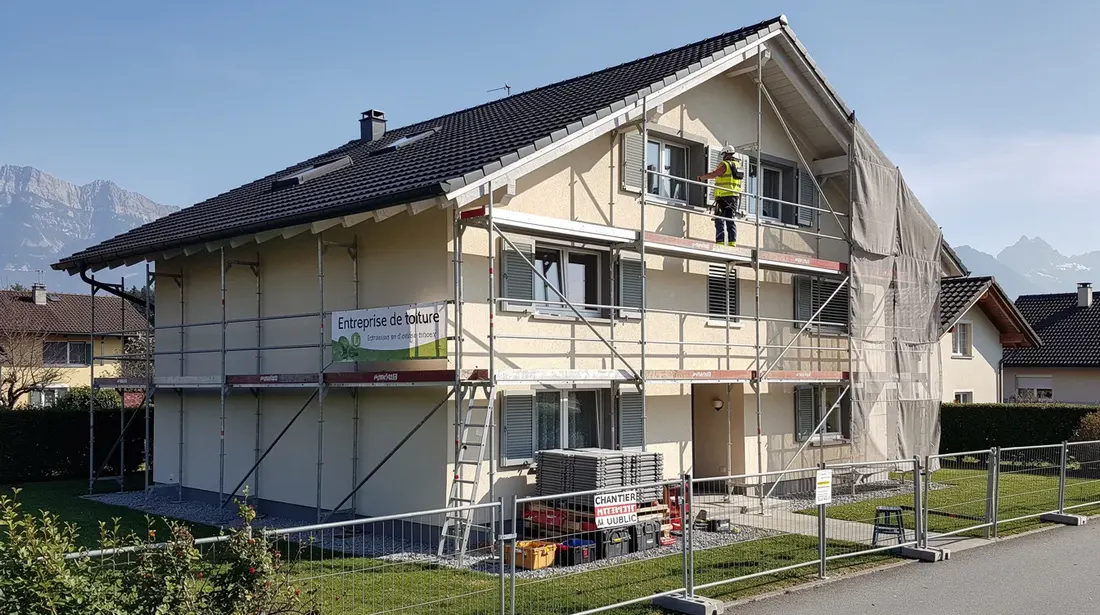 Un échafaudage est installé sur la façade d'une maison individuelle en Suisse, permettant aux spécialistes en toiture de réaliser des travaux de rénovation. Cette mise en place est essentielle pour assurer la sécurité et la qualité des interventions sur le bâtiment.