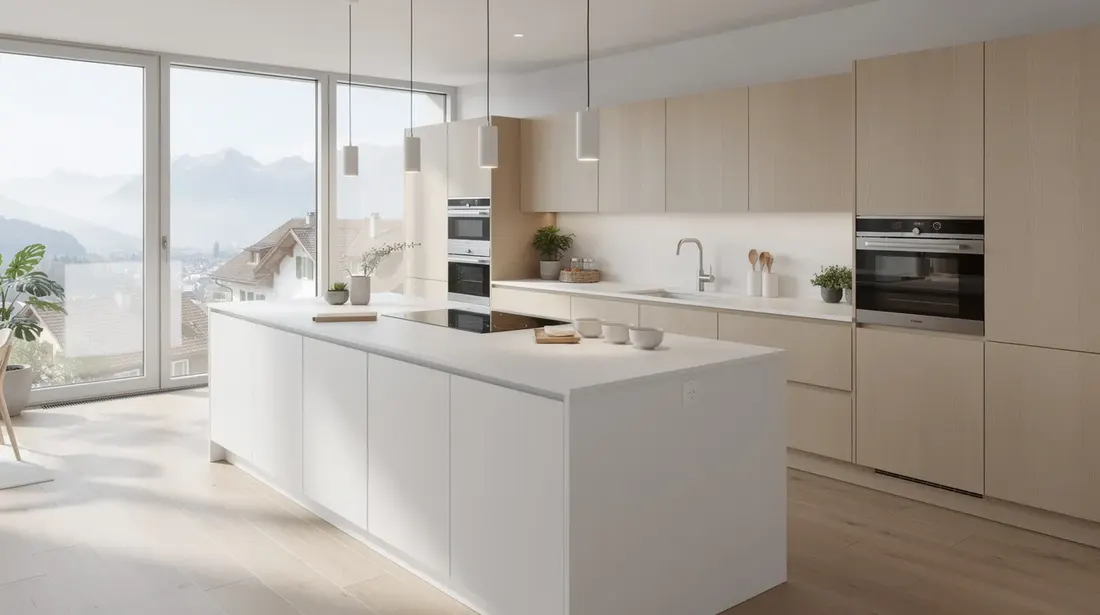 L'image montre une cuisine moderne et lumineuse dans un appartement suisse, avec un îlot central en bois massif et des armoires en bois clair. Cet agencement sur mesure offre un espace fonctionnel et élégant, idéal pour un projet de rénovation haut de gamme.