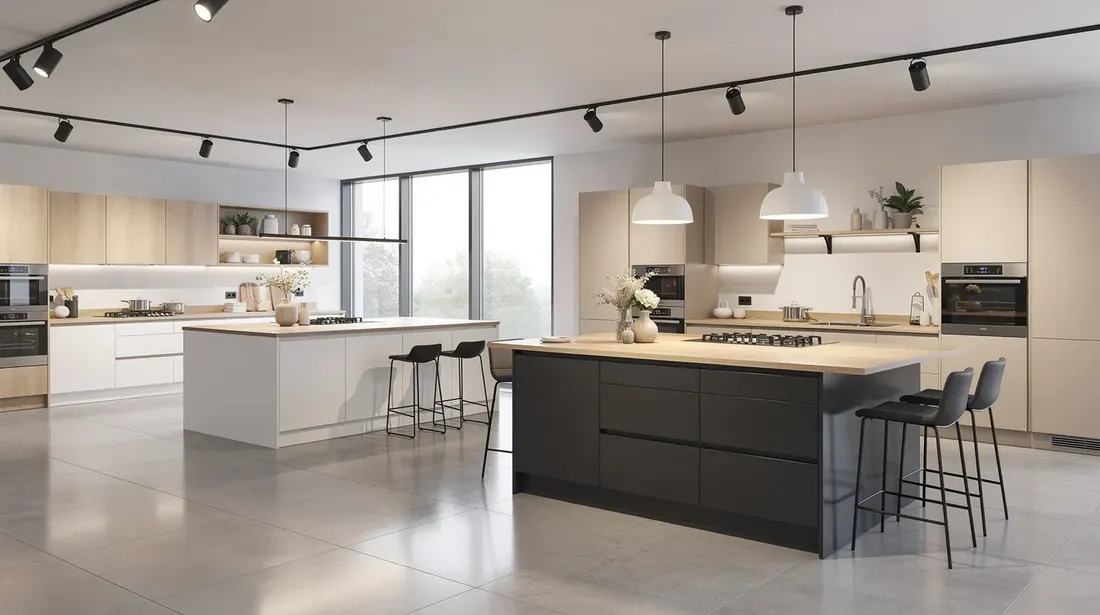 L'image montre un showroom de cuisines contemporain, baigné de lumière, où plusieurs modèles haut de gamme sont exposés. Les espaces sont soigneusement agencés pour offrir un large choix de cuisines sur mesure, mettant en avant des matériaux de qualité et des finitions élégantes.