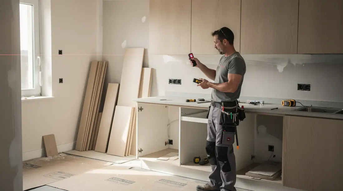 Un artisan cuisiniste utilise un mètre laser pour prendre des mesures précises dans une cuisine en cours de rénovation, entouré de matériaux de haute qualité. Ce projet de cuisine sur mesure illustre l'importance de l'agencement et du savoir-faire dans la réalisation d'un espace adapté aux besoins et envies des clients.