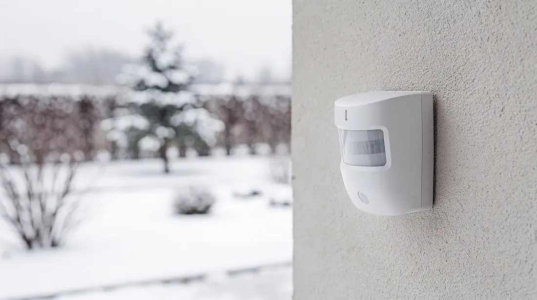 Un détecteur de mouvement blanc moderne est fixé sur un mur extérieur d'une maison, tandis qu'un jardin enneigé s'étend en arrière-plan, créant un contraste entre la technologie et la nature. Cet appareil est conçu pour détecter la présence de personnes et améliorer la sécurité de l'environnement extérieur.