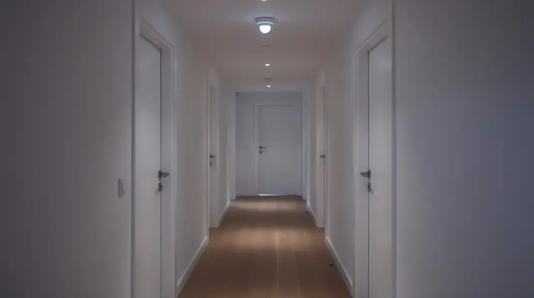 Cette image montre un couloir résidentiel moderne, éclairé automatiquement grâce à un détecteur de mouvement visible au plafond. L'éclairage s'active en fonction de la présence de personnes, créant une ambiance accueillante et efficace dans cet espace intérieur.