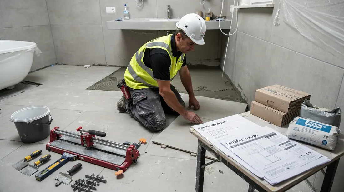 Un artisan en tenue de travail, portant un casque blanc, pose du carrelage dans une salle de bain en cours de rénovation. À proximité, des outils professionnels bien rangés et du matériel neuf sont visibles, témoignant d'un chantier sérieux et d'une planification soignée.