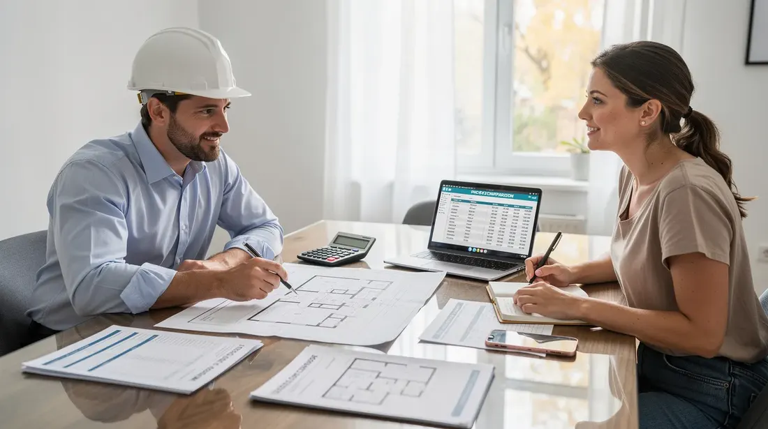 Une consultation de rénovation à domicile se déroule entre un entrepreneur professionnel et un propriétaire, assis à une table en bois moderne dans une pièce lumineuse. L'entrepreneur, portant une chemise bleu clair et un casque de sécurité, montre des devis et des plans de rénovation, tandis que le propriétaire, habillé de manière décontractée, écoute attentivement et prend des notes, créant une atmosphère de confiance et de clarté sur les coûts des travaux de rénovation.