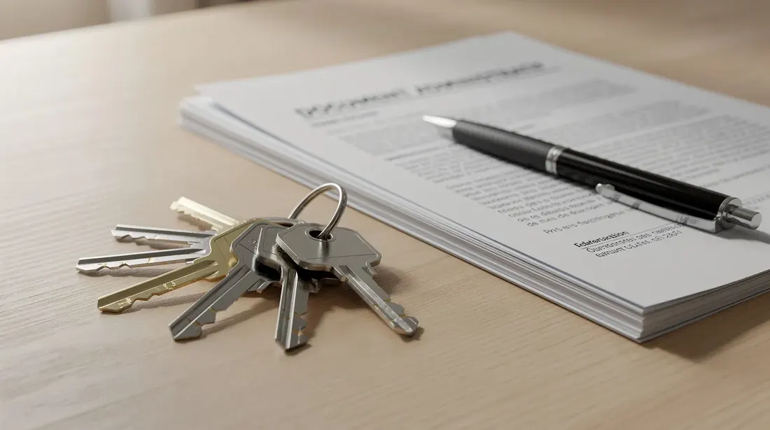 Une image montre un trousseau de clés posé sur une table en bois, à côté de documents administratifs liés à un dossier de location. Ces éléments évoquent les démarches nécessaires pour un locataire en quête d'un appartement.