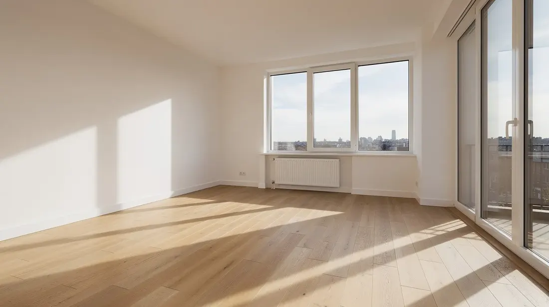 L'image montre l'intérieur d'un appartement vide et lumineux, avec un parquet en bois et de grandes fenêtres laissant entrer la lumière naturelle. Cet espace pourrait être idéal pour un locataire à la recherche d'un logement en Suisse, avec des possibilités de personnalisation selon ses préférences.