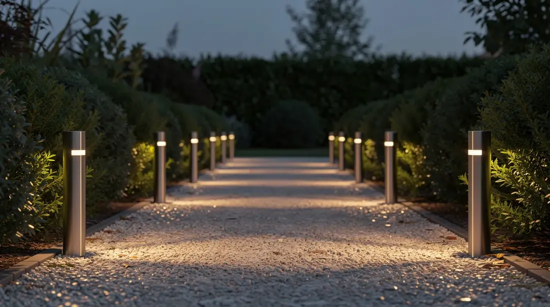Une allée de jardin est illuminée par des bornes lumineuses basses qui bordent un sentier en gravier, tandis que des arbustes verdoyants se dressent en arrière-plan, créant une ambiance chaleureuse et sécurisante pour l'extérieur. L'éclairage subtil met en valeur la beauté de cet espace extérieur.