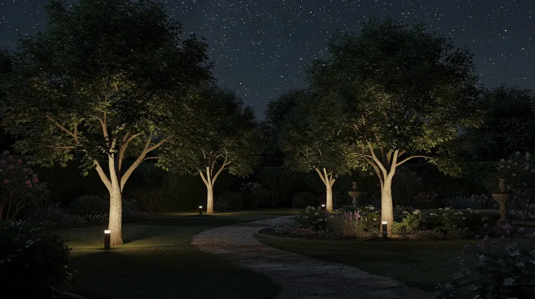 Un jardin nocturne illuminé par un éclairage orienté vers le bas, avec des spots discrets installés au pied des arbres, créant une ambiance paisible sous un ciel étoilé. Les luminaires mettent en valeur la beauté des plantes et des allées, offrant une atmosphère chaleureuse pour profiter de l'espace extérieur.