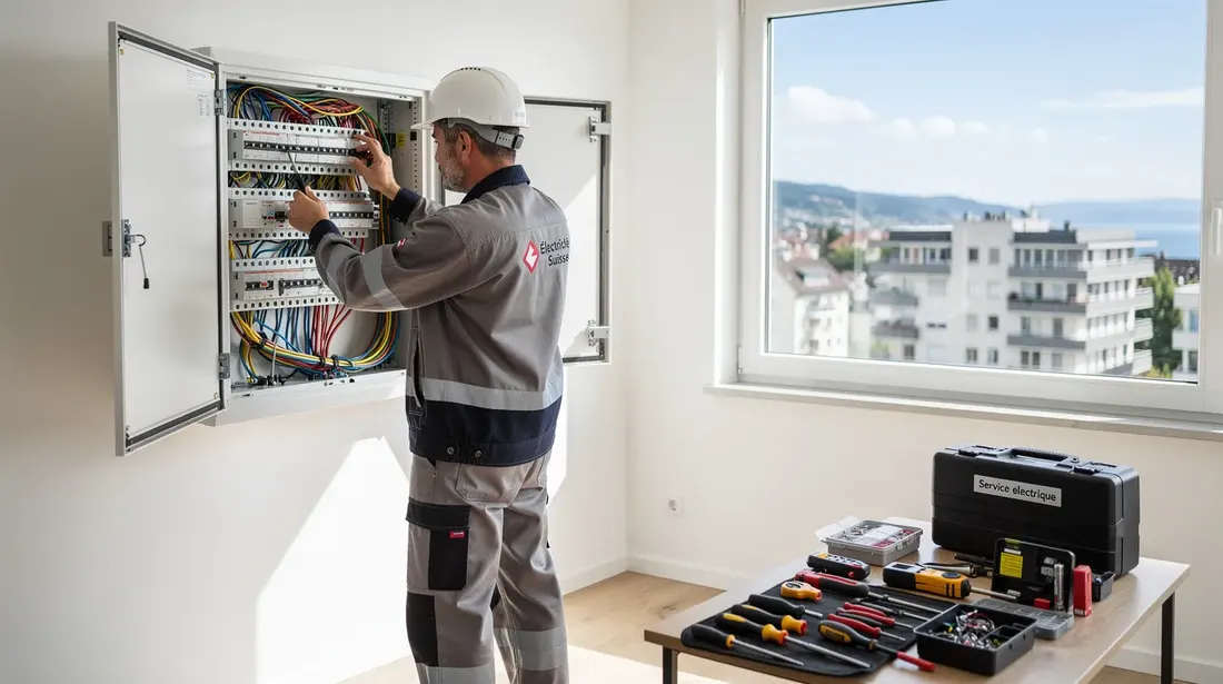 Un électricien professionnel suisse, vêtu d'une tenue de travail sécurisée, est en train d'installer un tableau électrique moderne dans une maison contemporaine et lumineuse. On distingue clairement les câbles et outils disposés à proximité, tandis qu'à travers la fenêtre, le paysage urbain de Genève se dévoile sous un ciel dégagé.
