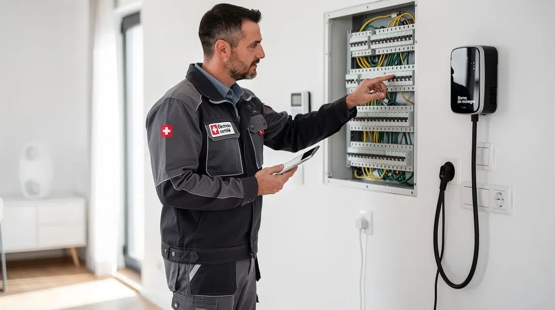 Un électricien suisse certifié, identifiable par son badge, effectue une inspection électrique dans une maison moderne. Il examine un tableau électrique avec des disjoncteurs et des prises de terre, tout en tenant une tablette, dans un environnement propre où l'on aperçoit des câbles et des bornes de recharge pour véhicule électrique.