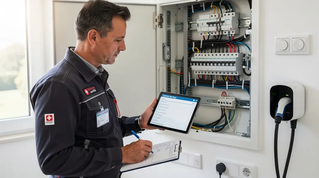Un électricien suisse certifié, identifiable par son badge, effectue une inspection électrique dans une maison moderne. Il examine un tableau électrique avec des disjoncteurs et des prises de terre, tout en tenant une tablette, dans un environnement propre où l'on aperçoit des câbles et des bornes de recharge pour véhicule électrique.