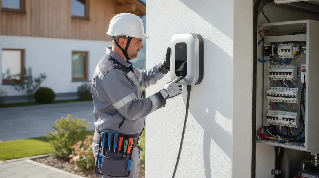 Un électricien professionnel, vêtu de sa tenue de travail avec casque et outils, installe une borne de recharge murale pour voiture électrique dans un garage d'une maison individuelle suisse. La scène met en avant le câblage visible et la connexion au tableau électrique, le tout dans un environnement typique de la suisse romande, avec une lumière naturelle et des éléments de jardin.
