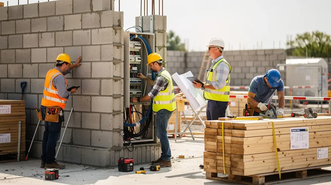 L'image montre un chantier en cours avec des artisans de différents métiers, tels que maçons, électriciens et menuisiers, travaillant ensemble sous la supervision d'un chef de projet. L'environnement est propre et bien organisé, reflétant l'engagement de l'entreprise générale dans la qualité et la coordination des travaux de construction.