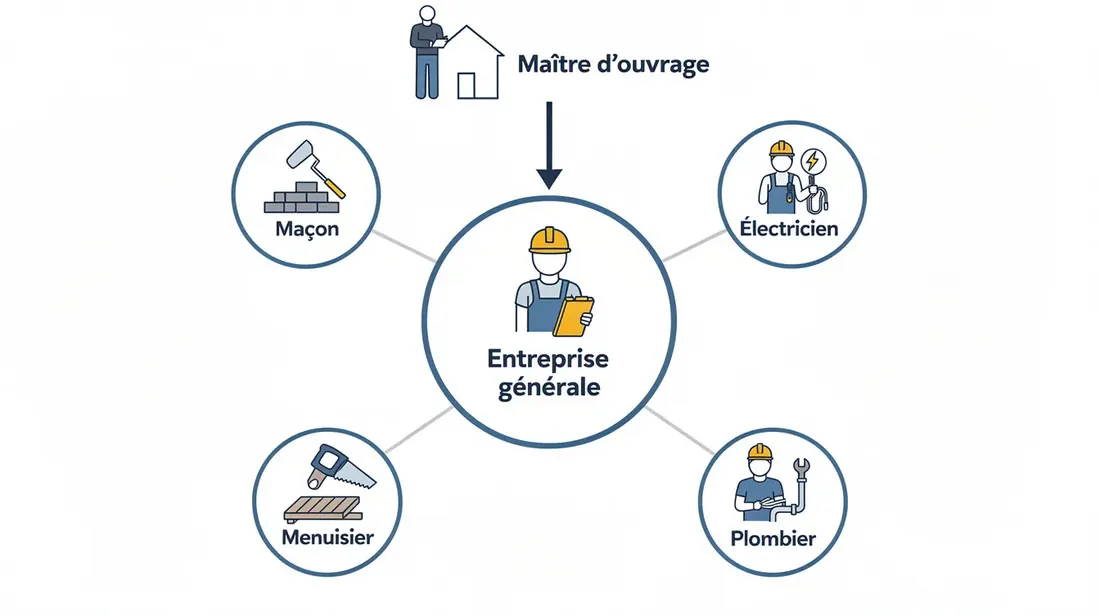 L'image schématique montre un chantier où un chef de projet, représentant l'entreprise générale, est entouré de plusieurs artisans : un maçon, un électricien, un plombier et un menuisier. Chacun est relié par des lignes au chef de projet, symbolisant la centralisation de la communication et la planification, facilitant ainsi la gestion pour le maître d'ouvrage qui n'a qu'un seul interlocuteur.