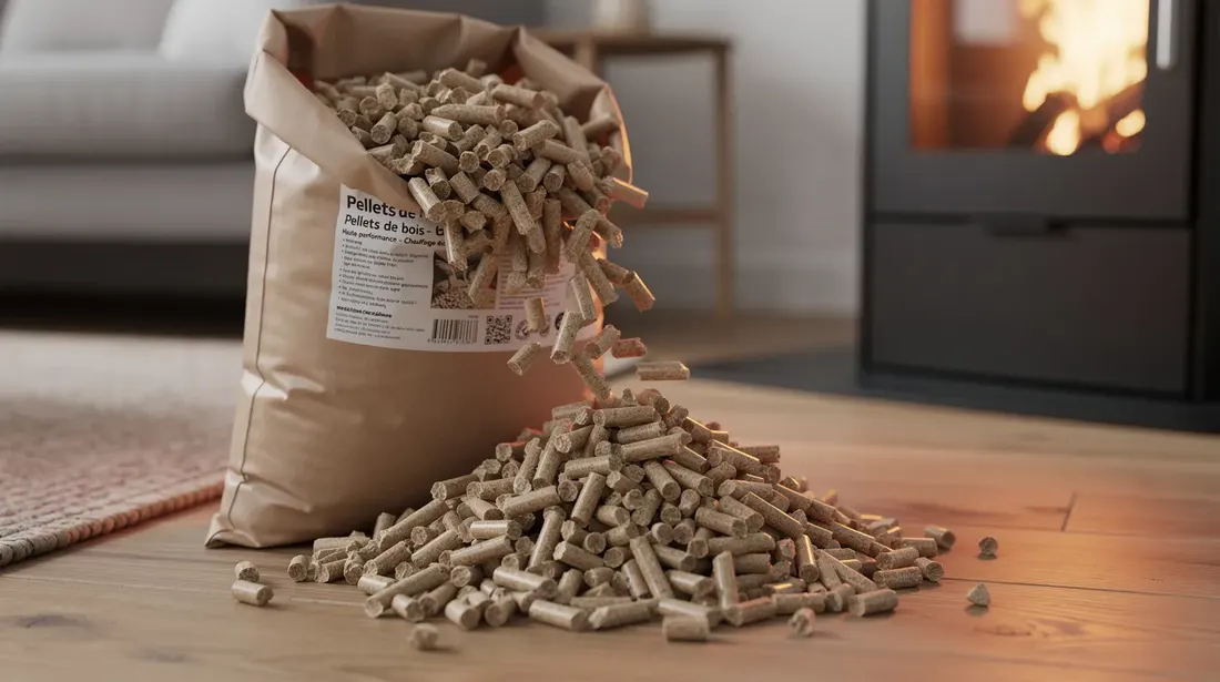 Gros plan sur des pellets de bois disposés à côté d'un poêle à granulés dans un salon chaleureux, illustrant l'importance du combustible pour le chauffage. Cette image met en avant l'utilisation de bois comme source d'énergie, essentielle pour le fonctionnement efficace d'un système de chauffage.