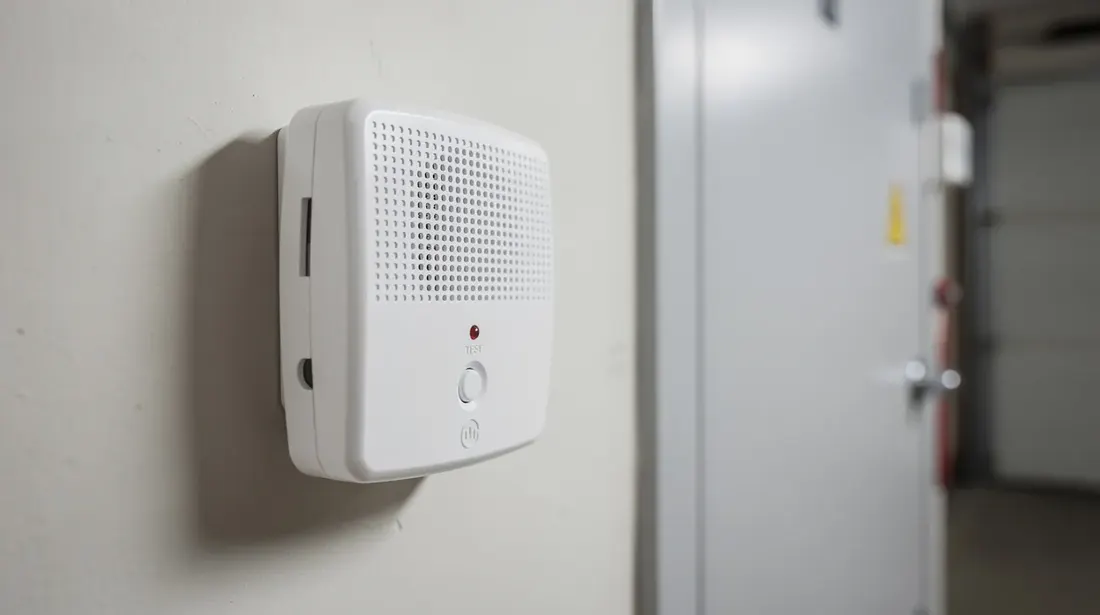 Un détecteur de monoxyde de carbone blanc est fixé sur un mur à côté d'une porte de chaufferie, assurant ainsi la protection des occupants contre les risques liés à la combustion des chaudières. Cet appareil est essentiel pour garantir le bon fonctionnement et la sécurité des systèmes de chauffage.