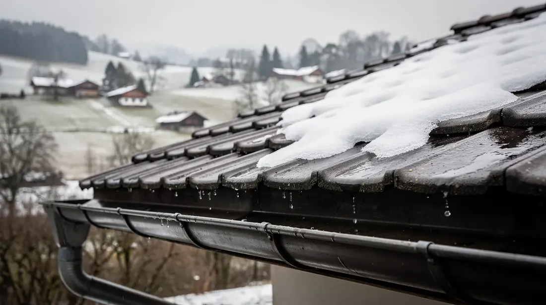 Une vue d'un toit en pente recouvert de neige fondante, avec des chéneaux visibles en bordure, s'étend dans un paysage de campagne suisse. Cette toiture, soumise aux intempéries, illustre l'importance de l'étanchéité et de la protection pour assurer la pérennité des bâtiments.