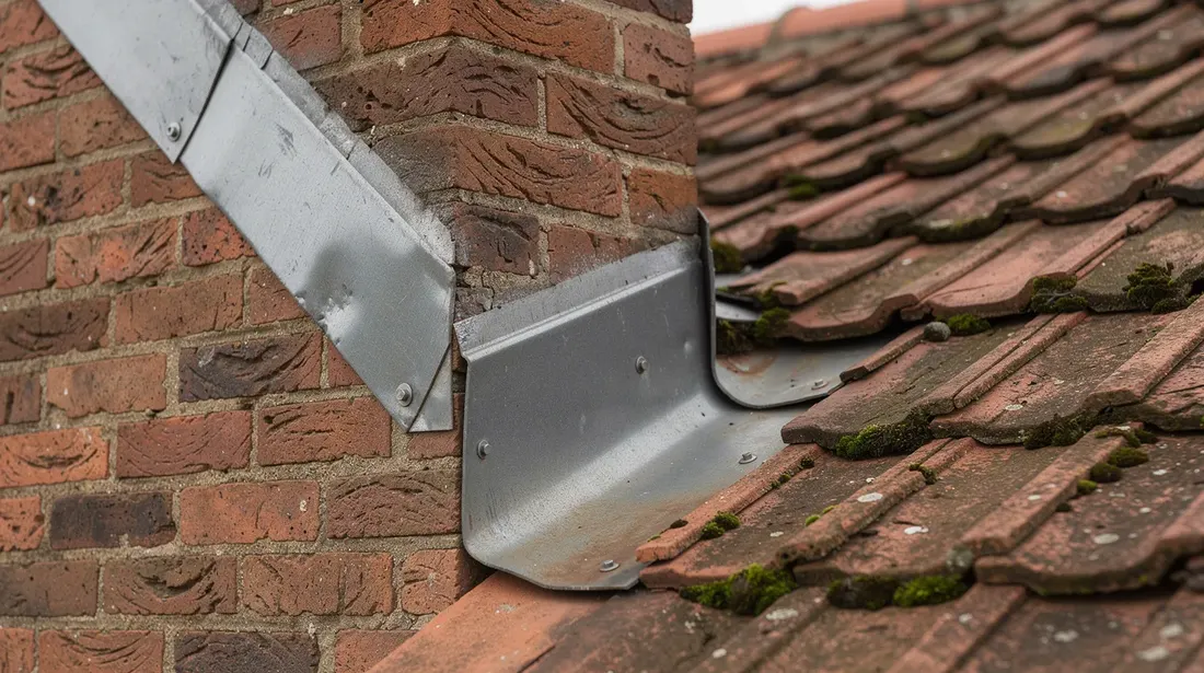 Gros plan sur un solin métallique entourant une cheminée en briques, installé sur un toit en tuiles. On peut apercevoir quelques traces de mousse, indiquant des signes d'humidité qui pourraient affecter l'étanchéité de la toiture.