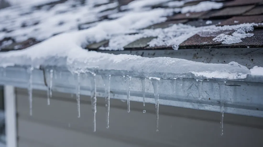 Une gouttière de toit est visible, avec de la glace accumulée sur son bord, tandis qu'en arrière-plan, de la neige fondante indique une transition vers le printemps. Cette image évoque l'importance de l'étanchéité toiture pour éviter les infiltrations d'eau et les problèmes d'humidité.